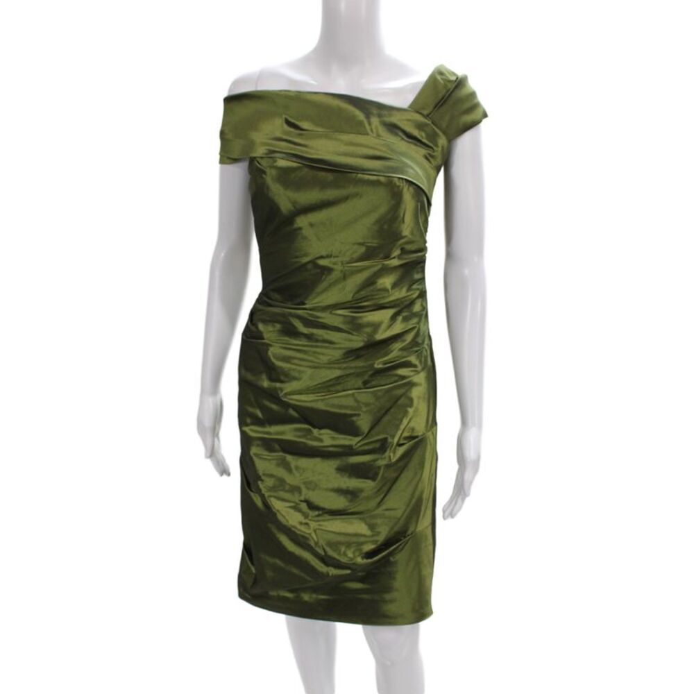 Rickie Freeman Teri Jon Women Green Off Shoulder Sheath Dress Knee Size 4
